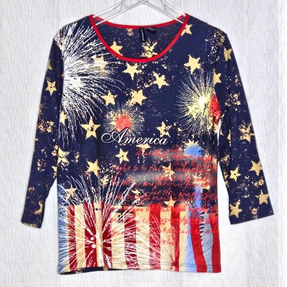 Jason Maxwell America Patriotic Fireworks & Stars Embellished 3/4 Sleeves Blouse - Picture 1 of 9